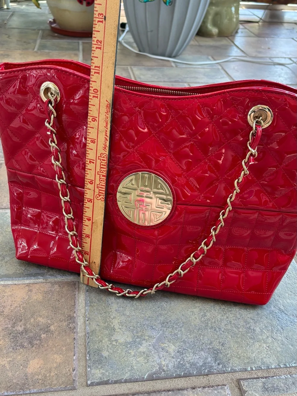 Red Quilted Patent Shoulder Tote with Gold Emblem